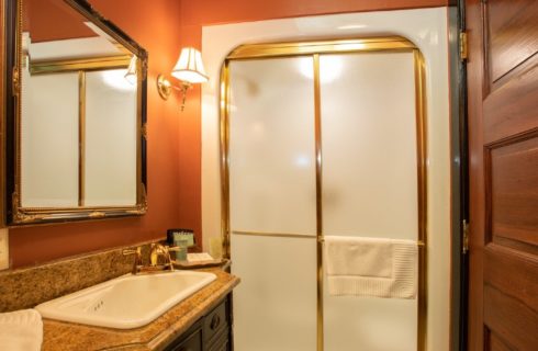 Bathroom with rust colored walls, stand up shower with glass doors and vanity with sink